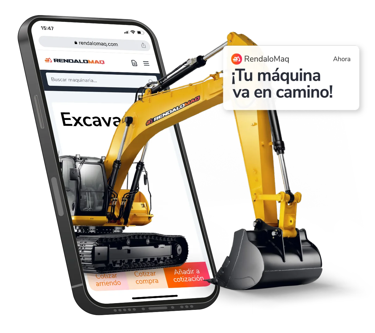 Una excavadora sale de un teléfono móvil, con la pantalla de cotización de RendaloMaq